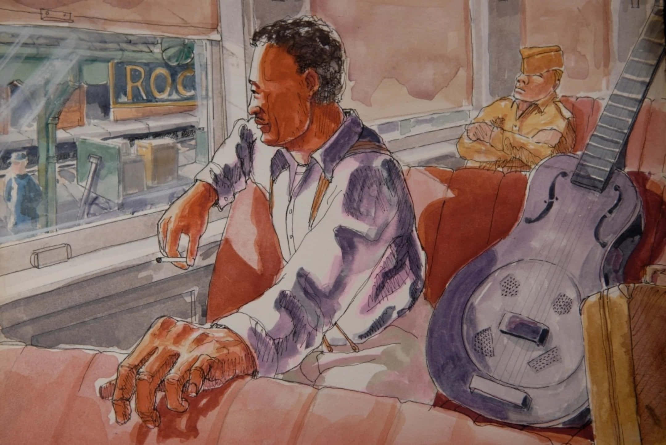 Painting 桌布 壁紙 — 一幅水彩插圖，描繪一名穿著圖案襯衫的男子坐在紅色沙發上，身旁放著一把共鳴吉他，正望向窗外街景。