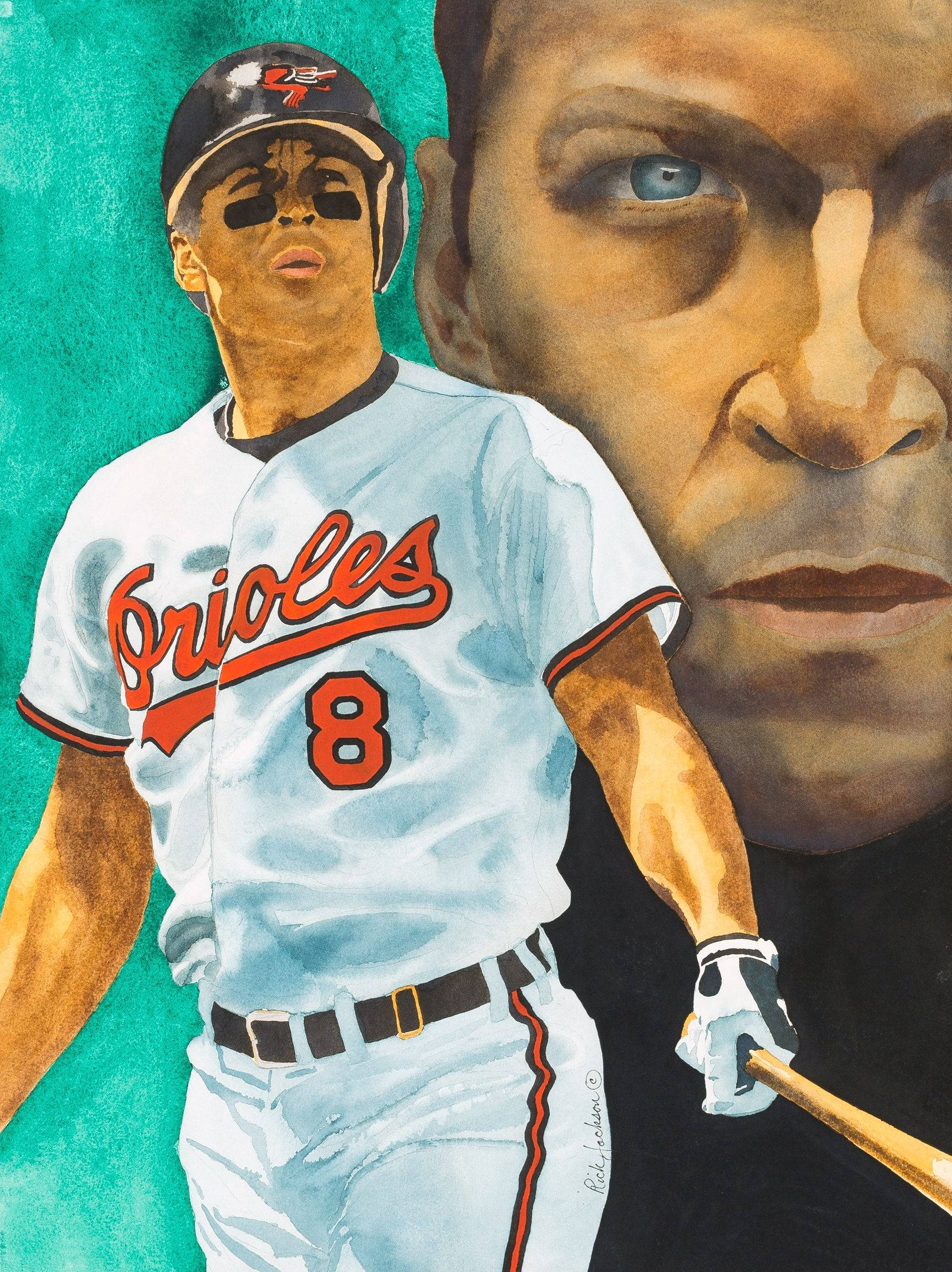 cal ripken jr 桌布 壁紙 — 一幅水彩插圖，描繪一名身穿巴爾的摩金鶯隊制服、手持球棒的棒球運動員，身後有一個巨大的男性面孔肖像。