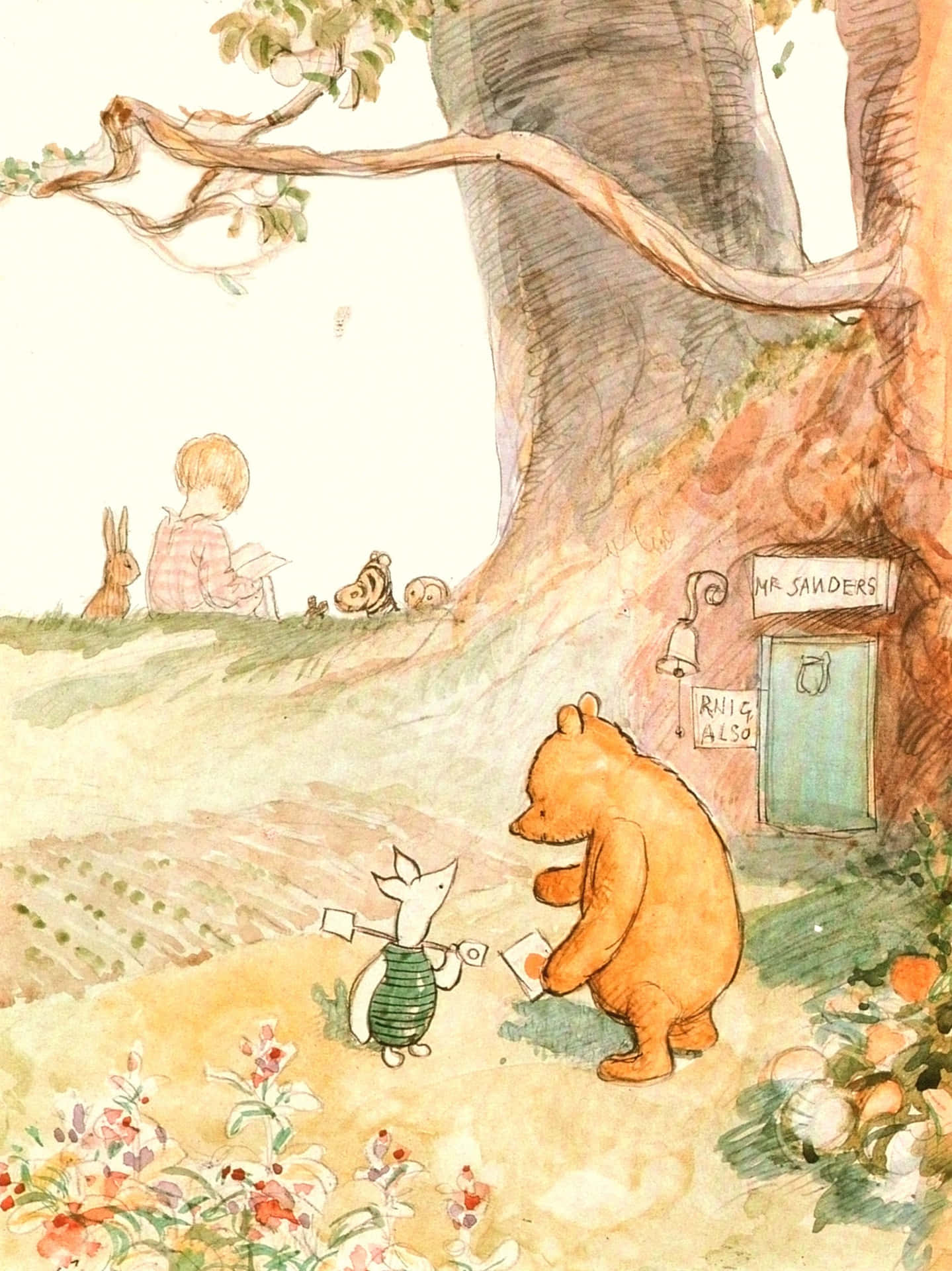 Winnie The Pooh Aesthetic 桌布 壁紙 — 一幅水彩插圖，描繪一隻熊和一隻小生物在標有 Mr Sanders 的樹屋附近交換信件。