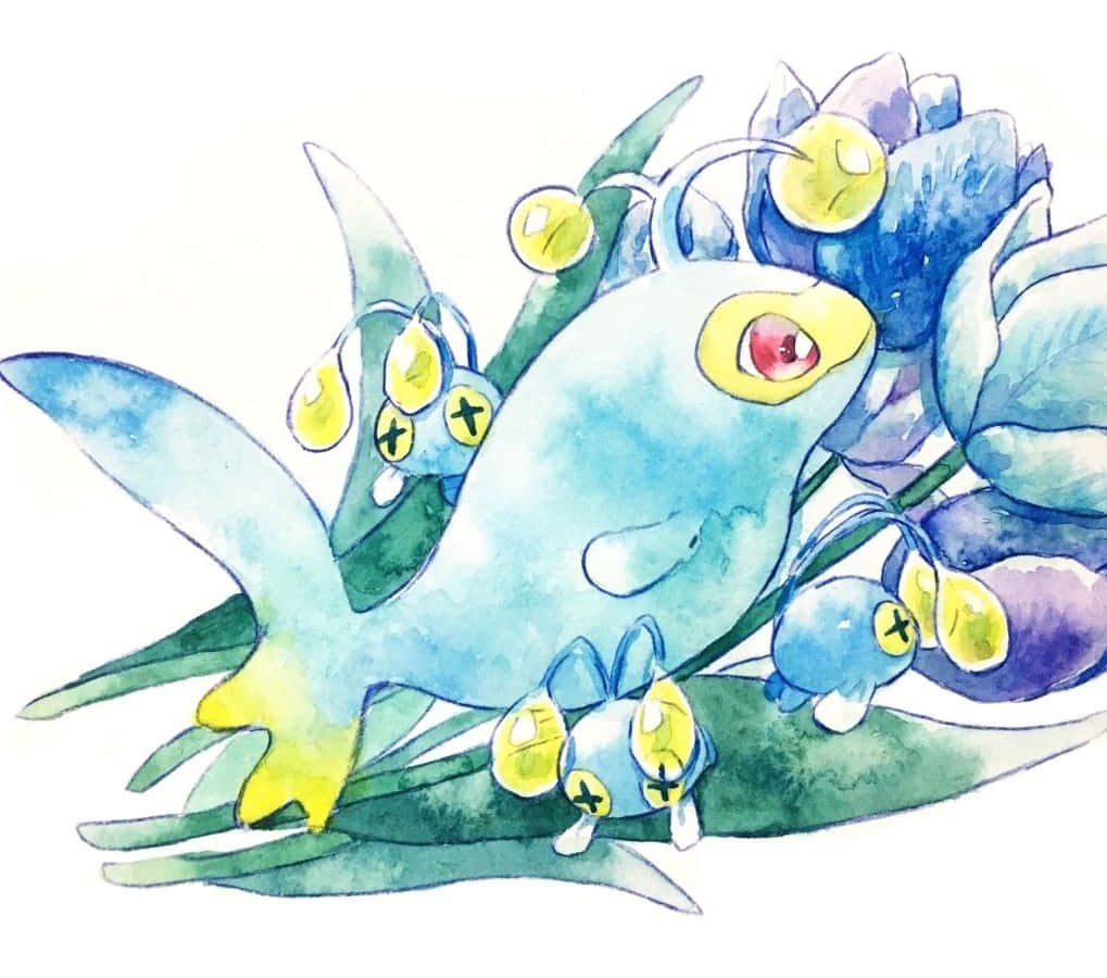 寶可夢 桌布 壁紙 — 一幅水彩插圖，描繪一隻藍色寶可夢，擁有黃色眼睛和小球莖狀附屬物，依偎在綠葉和紫色花朵之間。