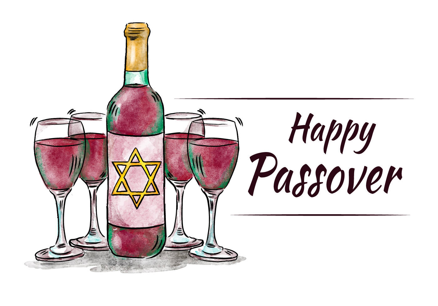 Passover 桌布 壁紙 — 一幅水彩插圖，描繪了一個帶有大衛之星的酒瓶和四個裝滿紅酒的酒杯，旁邊有文字「Happy Passover」。
