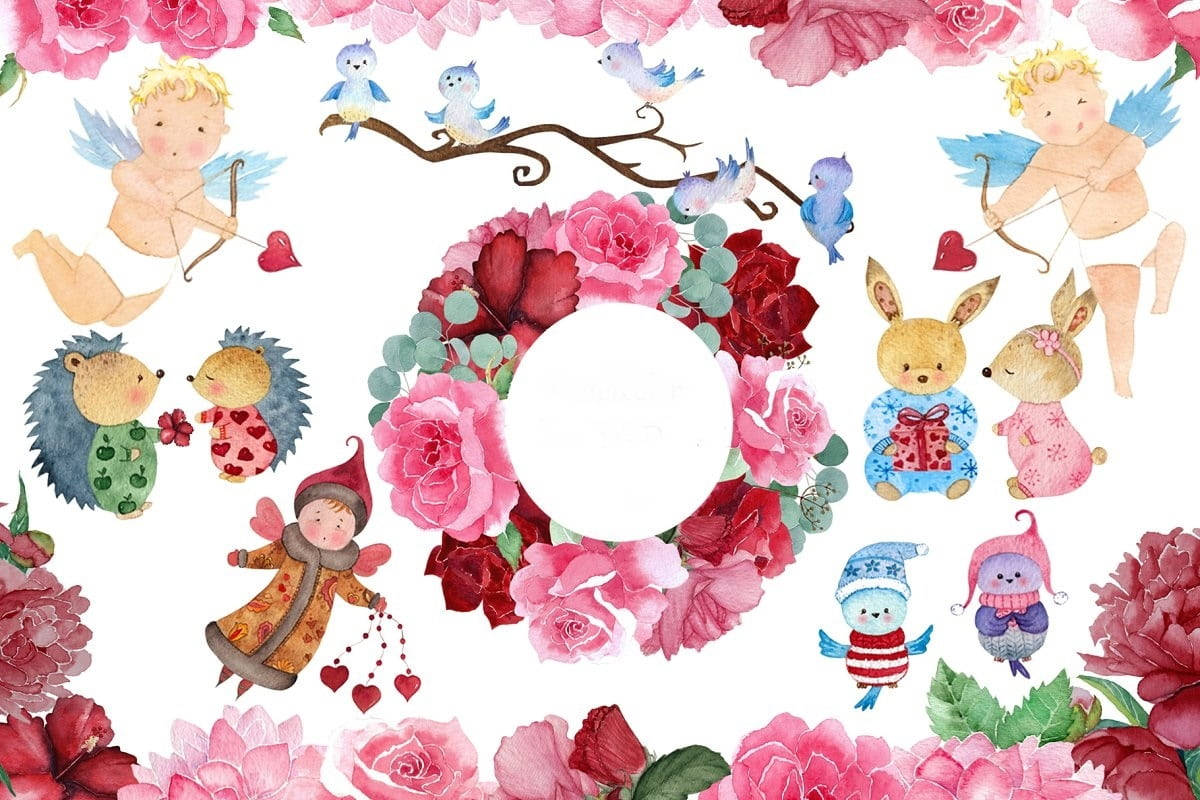 玫瑰美學 桌布 壁紙 — 一幅水彩插圖，描繪了一個被小天使、刺蝟、兔子和鳥兒環繞的花環，色調柔和，以粉紅、紅和藍色為主。