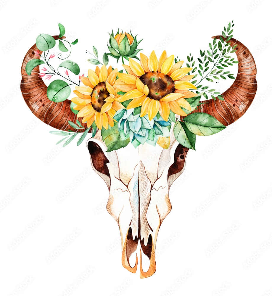 Skulls And Flowers 桌布 壁紙 — 一幅水彩插圖，描繪了一個裝飾著鮮豔向日葵和茂密綠植的公羊頭骨。