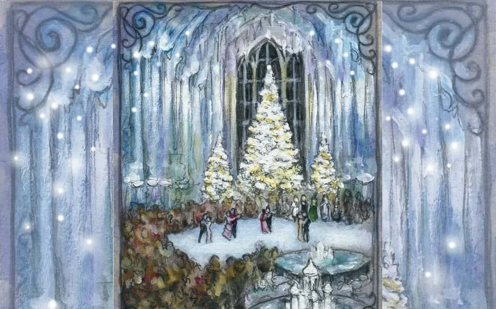 Harry Potter Christmas 桌布 壁紙 — 一幅水彩插圖，描繪了一座宏偉的冰雪大教堂，周圍有積雪的樹木，人們聚集在節日的冬季場景中。