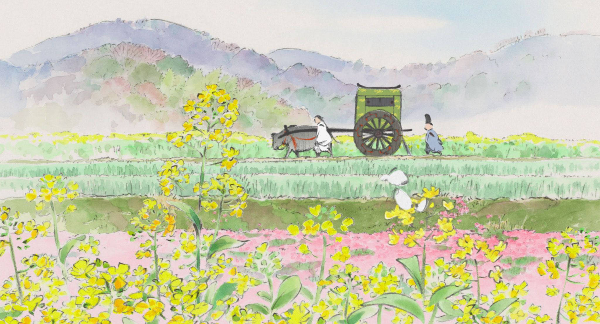 Studio 桌布 壁紙 — 一幅水彩插圖，描繪兩個人物在馬車旁走過充滿活力的黃色和粉紅色花田，遠方有山巒。