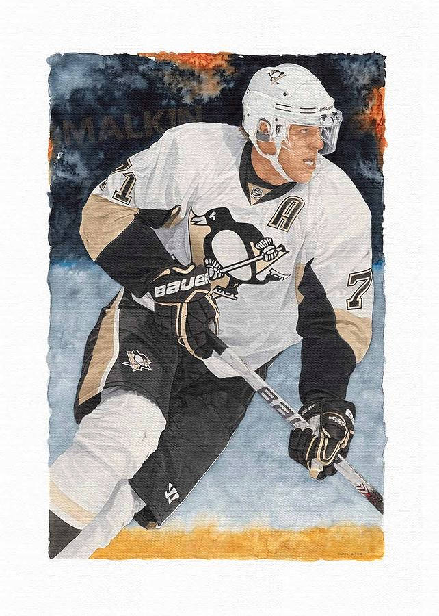 運動 桌布 壁紙 — 一幅水彩插圖，描繪冰球運動員 Sidney Crosby 身穿匹茲堡企鵝隊球衣比賽的場景。