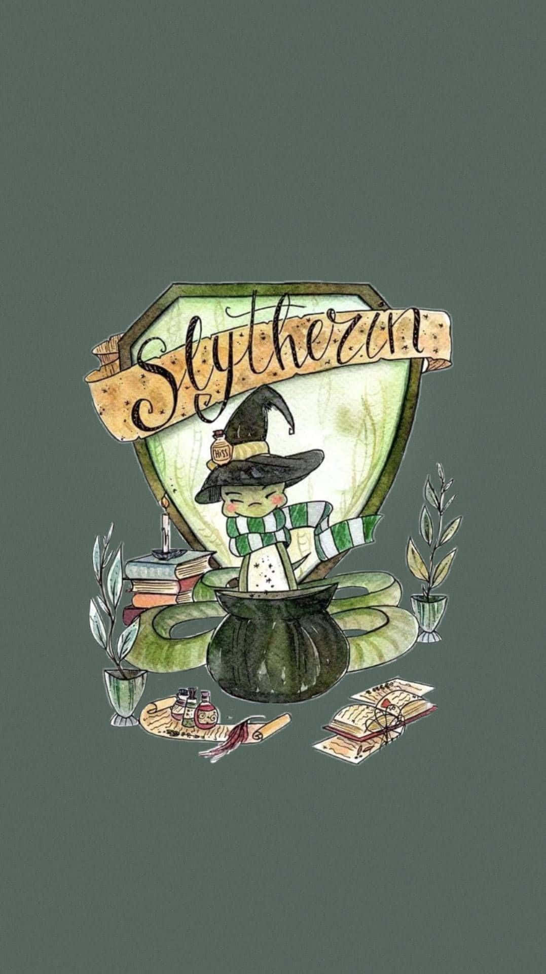 Cute Slytherin 桌布 壁紙 — 一幅水彩插圖，描繪史萊哲林學院徽章，有一位身穿綠色和銀色的女巫，周圍環繞著書籍、植物和魔藥材料。