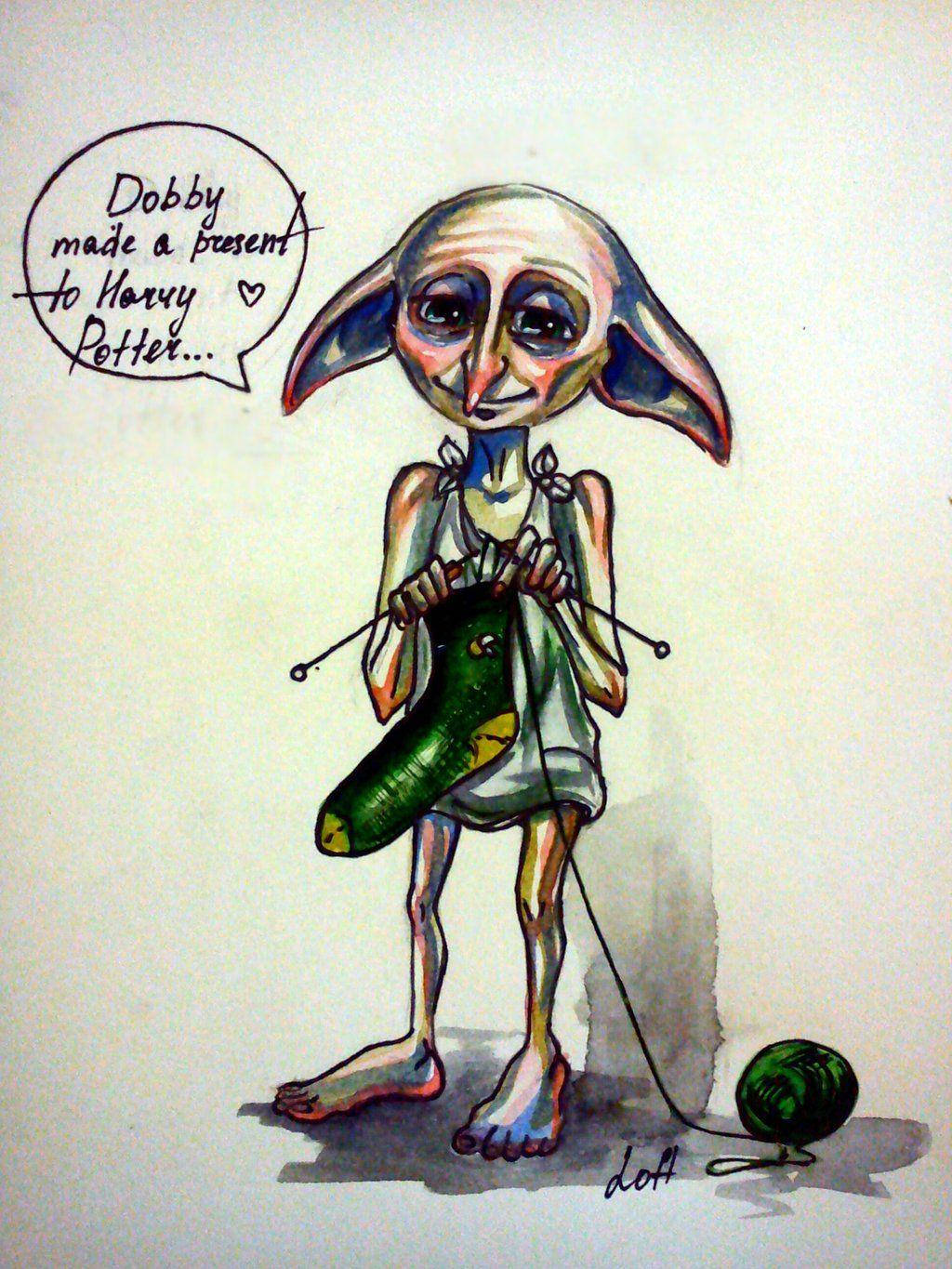 Watercolor 桌布 壁紙 — 一幅水彩插圖，描繪家庭小精靈多比正在編織一隻綠色襪子，對話框寫著「多比為哈利波特做了一份禮物」。