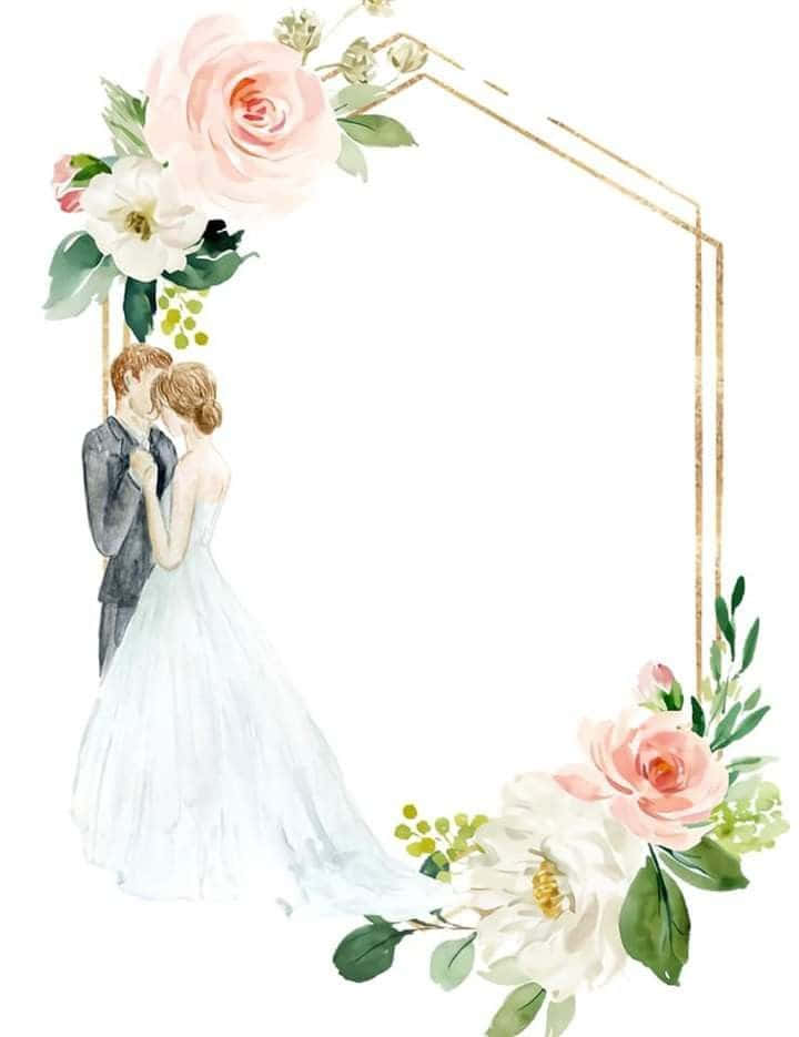 Wedding 桌布 壁紙 — 一幅水彩插圖，描繪新娘和新郎在一個裝飾著粉紅色和白色玫瑰的六角形花拱門下接吻。