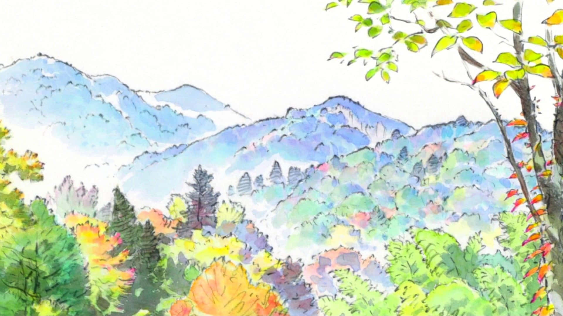 The Tale Of The Princess Kaguya 桌布 壁紙 — 一幅水彩插圖，描繪秋日山脈，色彩繽紛的樹葉和霧氣繚繞的山峰，天空明亮。
