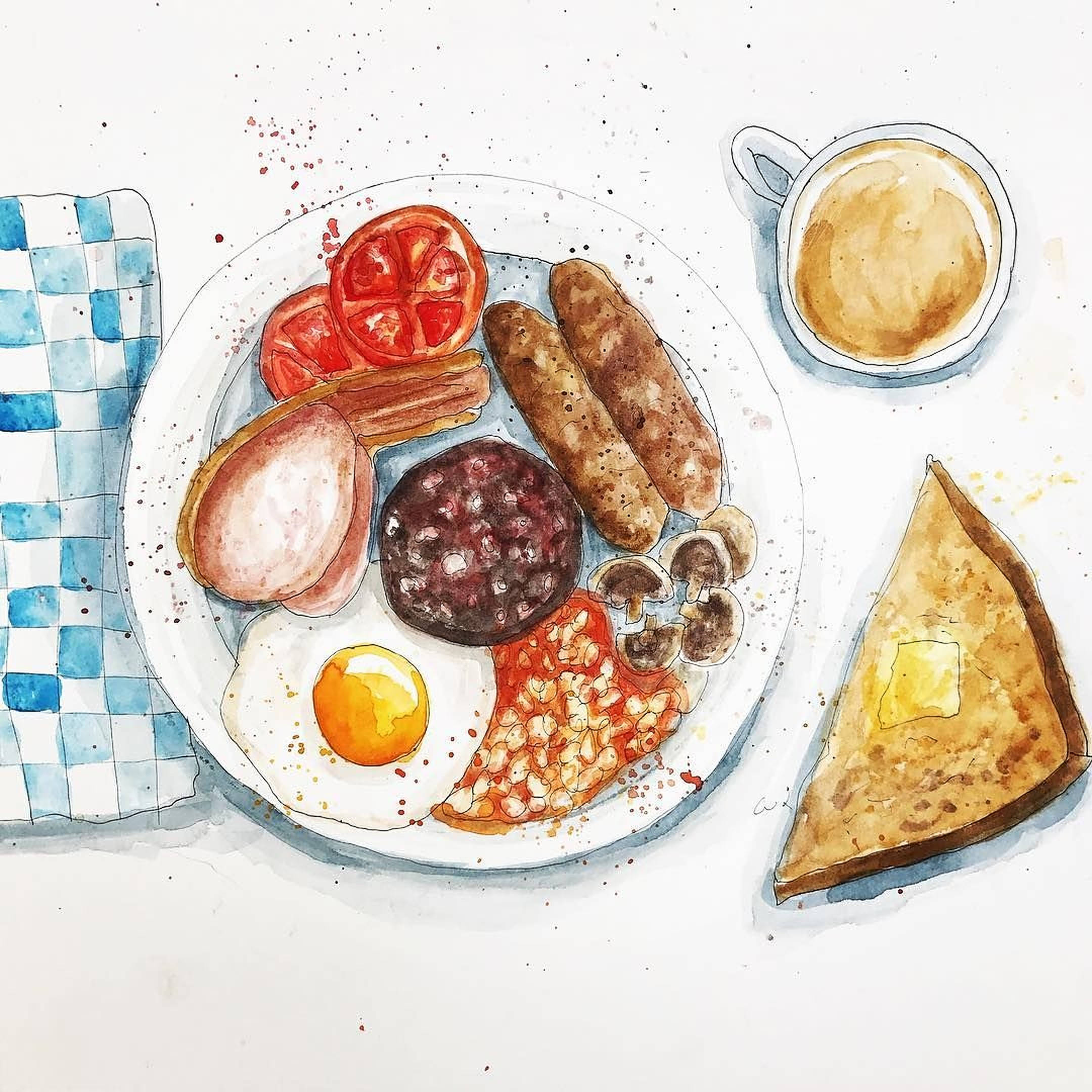 早餐 桌布 壁紙 — 一幅水彩插圖，描繪經典英式早餐，包括煎蛋、香腸、焗豆和吐司，置於格子桌布上。