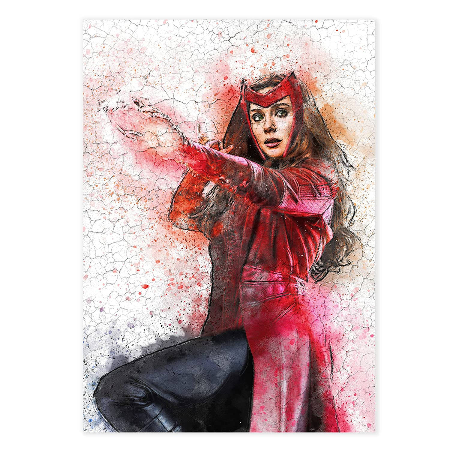 Wanda 桌布 壁紙 — 一幅水彩插圖，描繪緋紅女巫身穿紅色服裝施展魔法，背景帶有龜裂油漆紋理。
