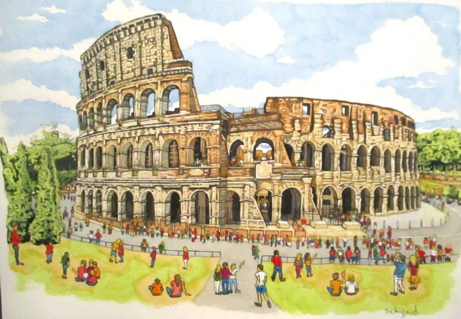 Roman Colosseum 桌布 壁紙 — 一幅水彩插圖，描繪羅馬競技場在晴朗藍天和蓬鬆白雲下，擠滿遊客的熱鬧場景。
