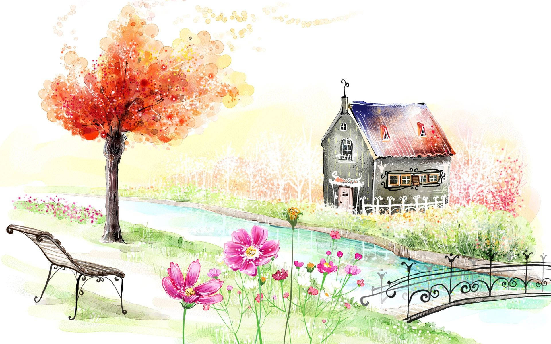 Watercolor 桌布 壁紙 — 一幅水彩插圖，描繪運河旁一間古雅小屋，伴隨鮮紅樹木和粉紅花朵，天空柔和泛黃。