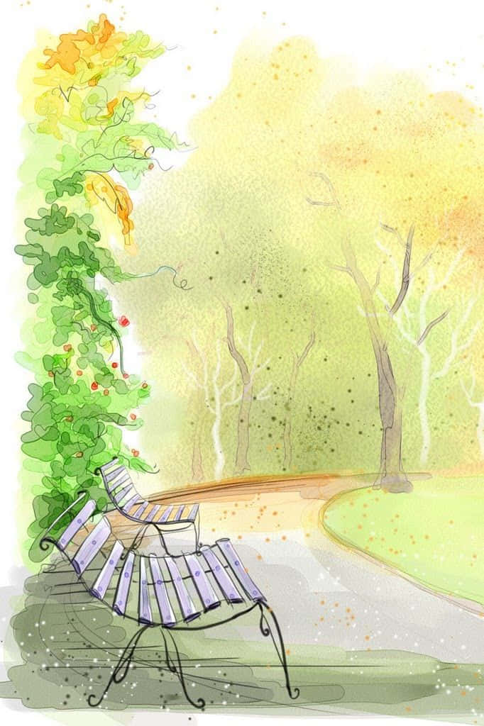 桌布 壁紙 — 一幅水彩插圖，描繪陽光普照的公園裡，一條藤蔓覆蓋的小徑旁有一張紫色長椅，樹木光禿禿的。