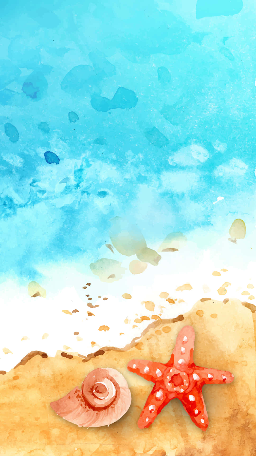 High Resolution Watercolor 桌布 壁紙 — 一幅水彩海景畫，金色沙灘上有一隻紅色海星和一個粉紅色貝殼，旁邊是碧綠色的海浪。