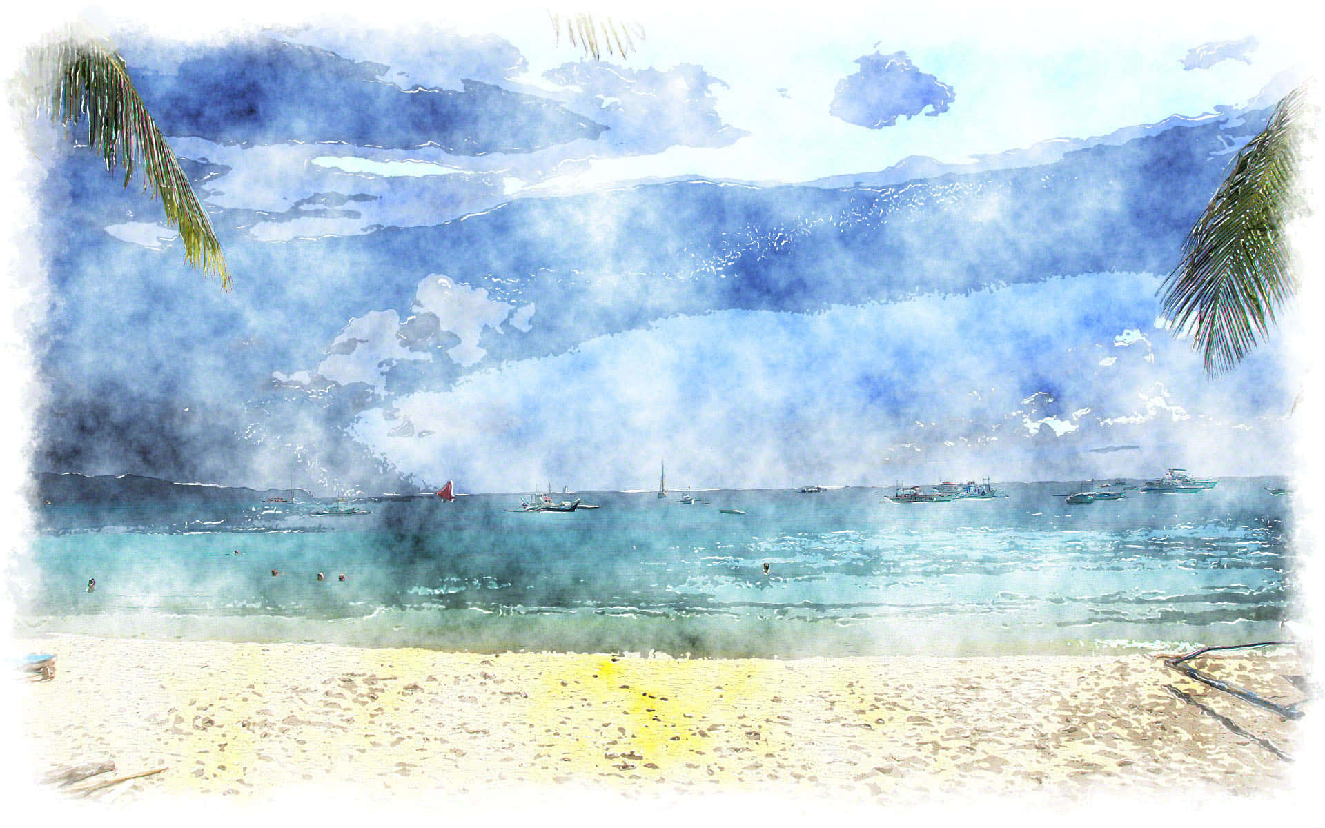 High Resolution Watercolor 桌布 壁紙 — 一幅水彩海灘場景，棕櫚葉框住碧綠海水，點綴著船隻，天空多雲而湛藍。