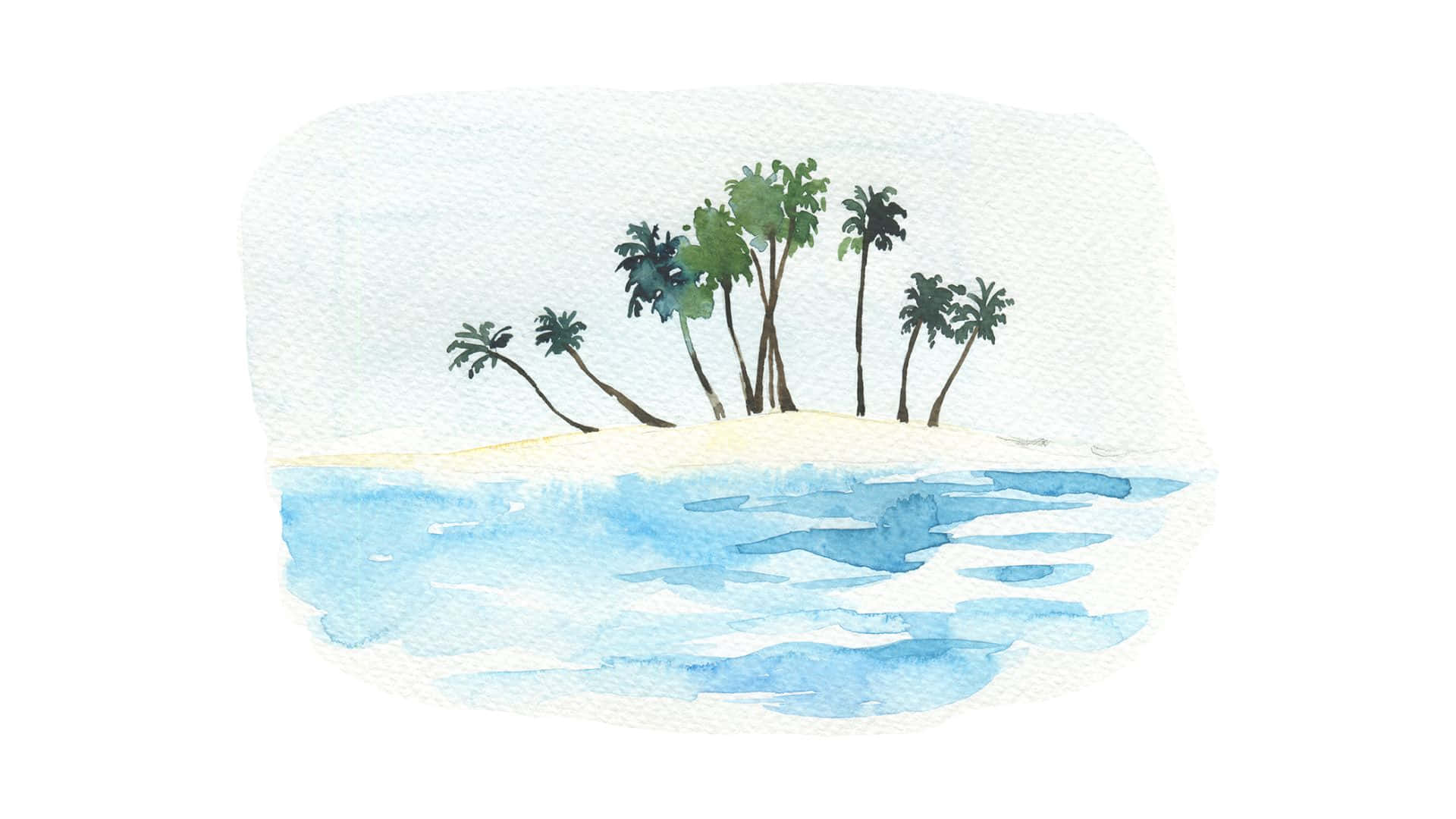 島嶼 桌布 壁紙 — 一幅水彩畫，描繪一個小型熱帶島嶼，有棕櫚樹和寧靜的藍色海水，天空柔和。