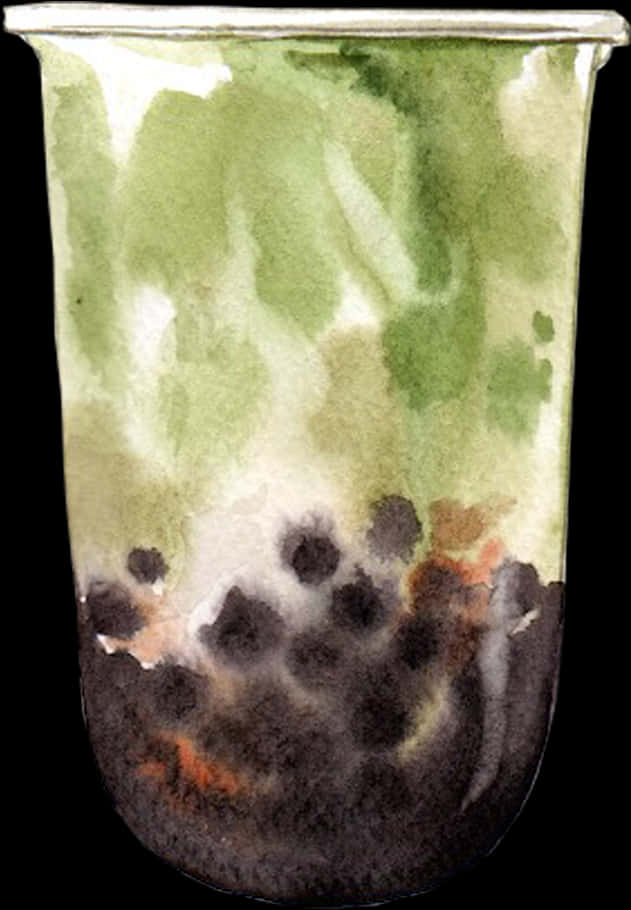 Boba Tea 桌布 壁紙 — 一幅水彩畫，描繪一個透明杯中的綠色泡泡茶，內有黑色木薯珍珠，背景為黑色。