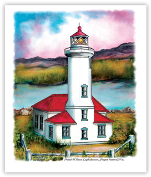 Lighthouse 桌布 壁紙 — 一幅水彩畫，描繪一座白色燈塔，紅色屋頂，矗立在平靜的水邊，天空呈現粉紅色和藍色。
