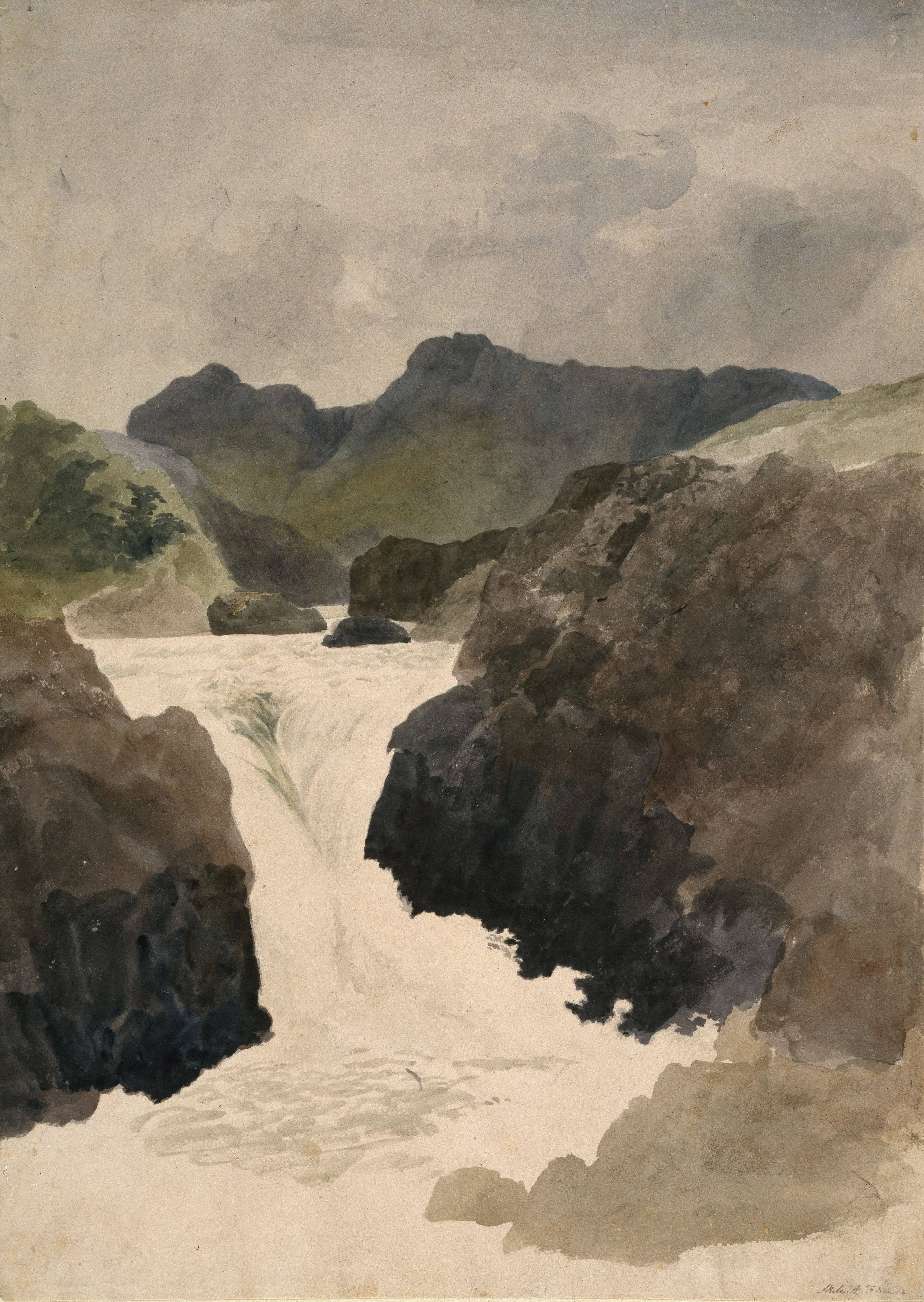 Painting 桌布 壁紙 — 一幅水彩畫，描繪一條湍急的河流流過岩石峽谷，背景是霧氣繚繞的山脈。