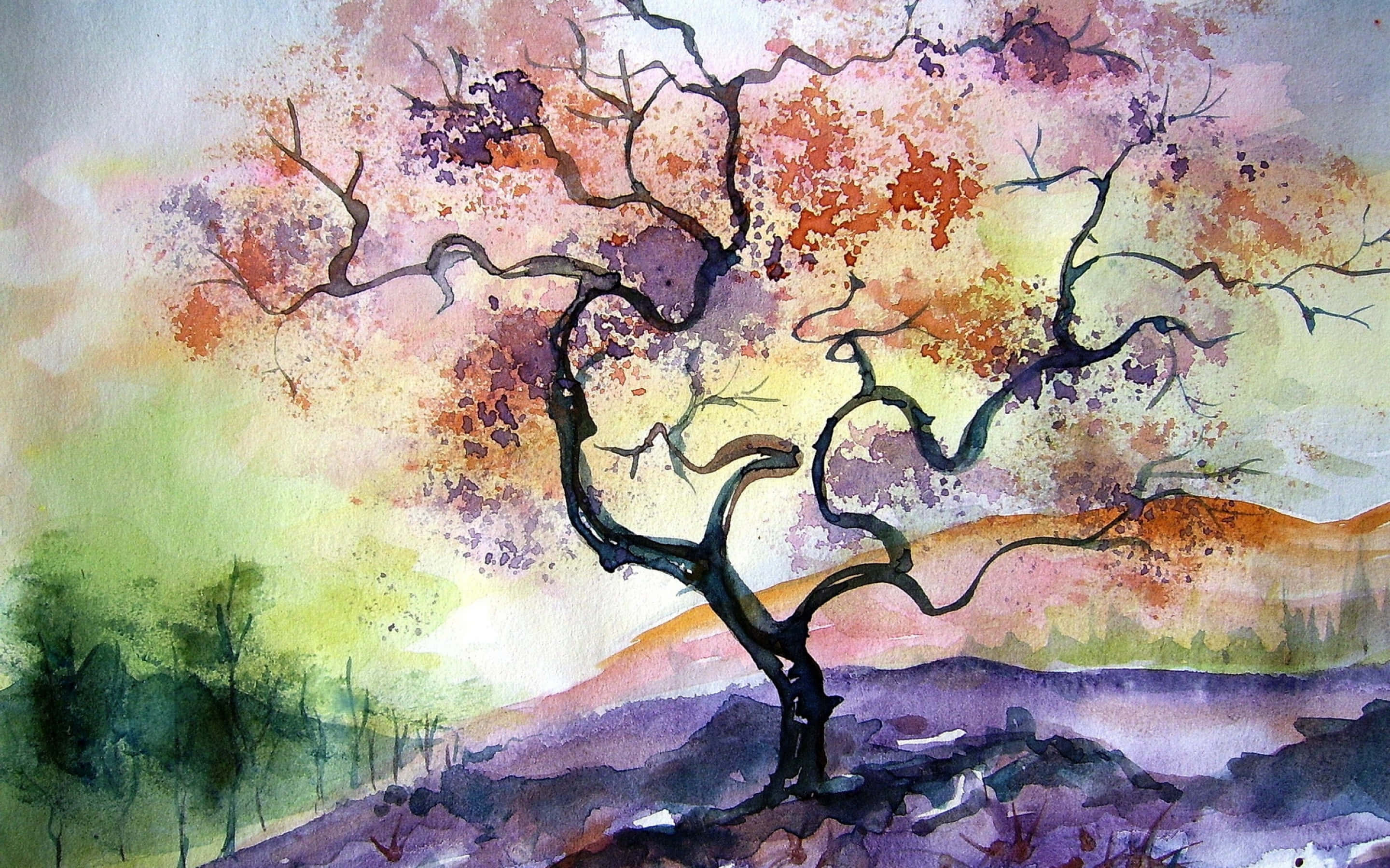 High Resolution Watercolor 桌布 壁紙 — 一幅水彩畫，描繪一棵多節的樹，樹上掛著鮮豔的秋葉，背景是柔和的漸變天空。
