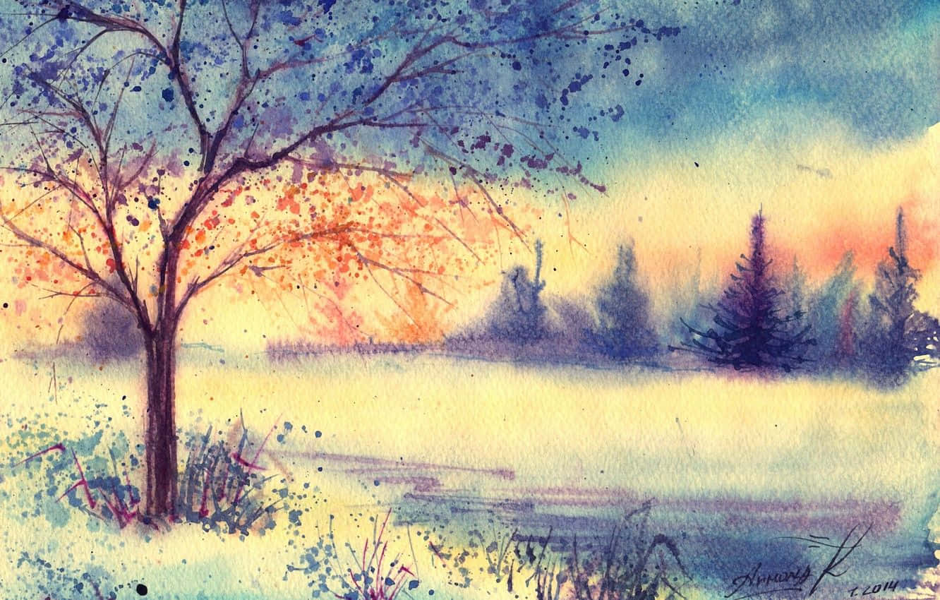 Winter Painting 桌布 壁紙 — 一幅水彩畫，描繪一棵孤樹帶著秋葉，映襯著霧氣瀰漫的湖面上方 vibrant 的日落天空。