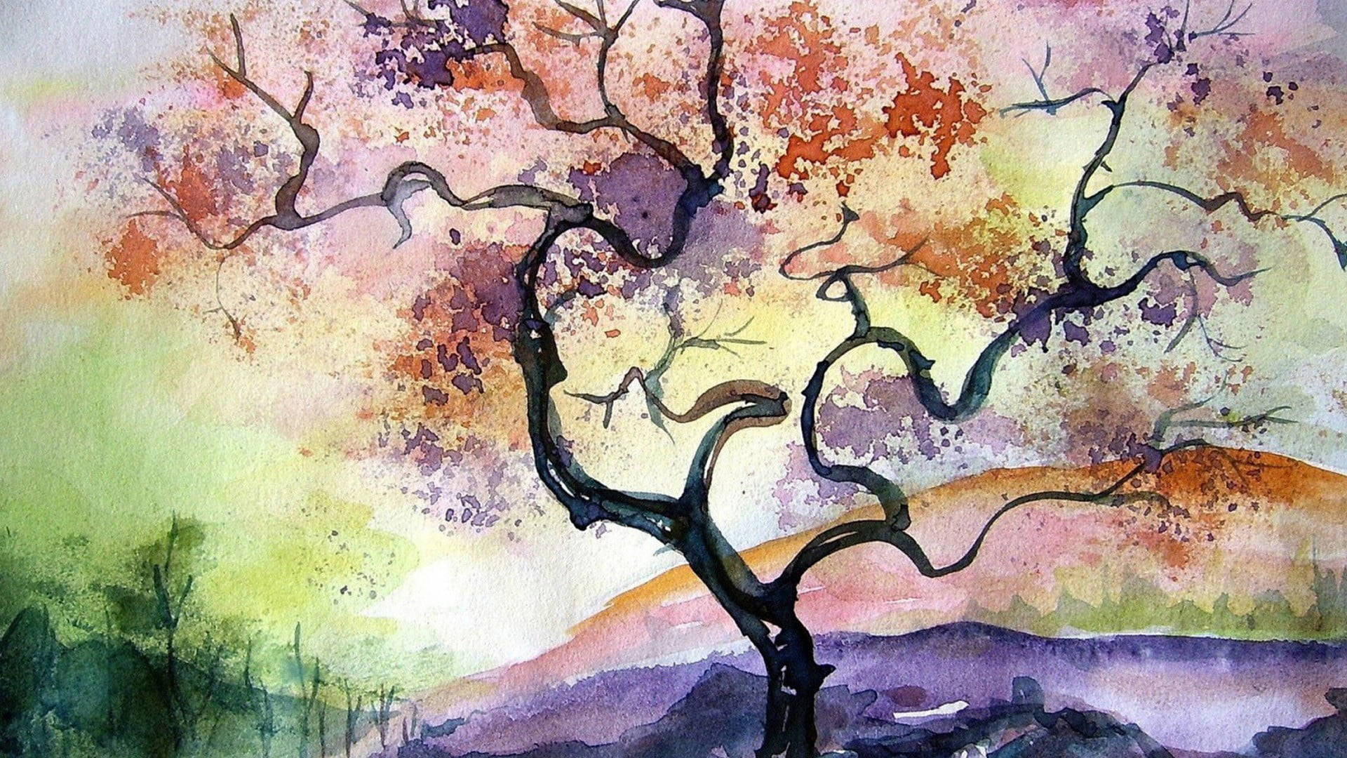 彩色動圖 桌布 壁紙 — 一幅水彩畫，描繪一棵長滿秋葉的扭曲樹木，背景是柔和的漸變天空和遠山。