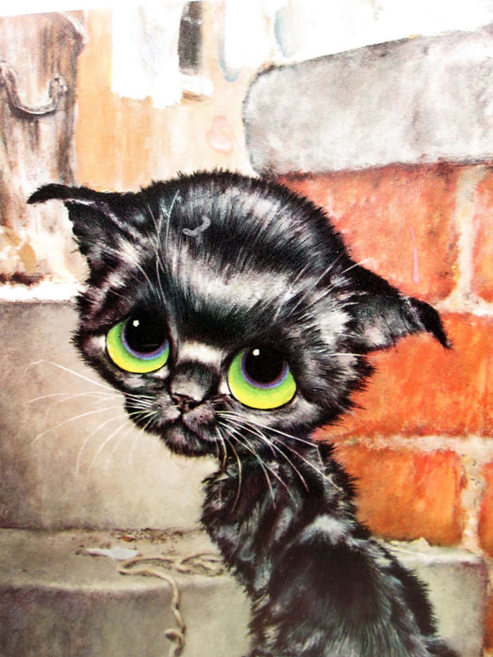 Cat Eyes 桌布 壁紙 — 一幅水彩畫，描繪一隻黑色小貓，擁有發光的綠色眼睛，從磚牆後面窺視。