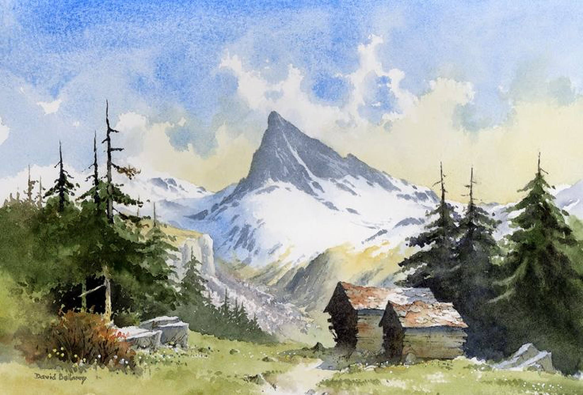Alps 桌布 壁紙 — 一幅水彩畫，描繪了一間質樸的小屋坐落在草地上，周圍有高聳的雪山和常青樹，天空部分多雲。