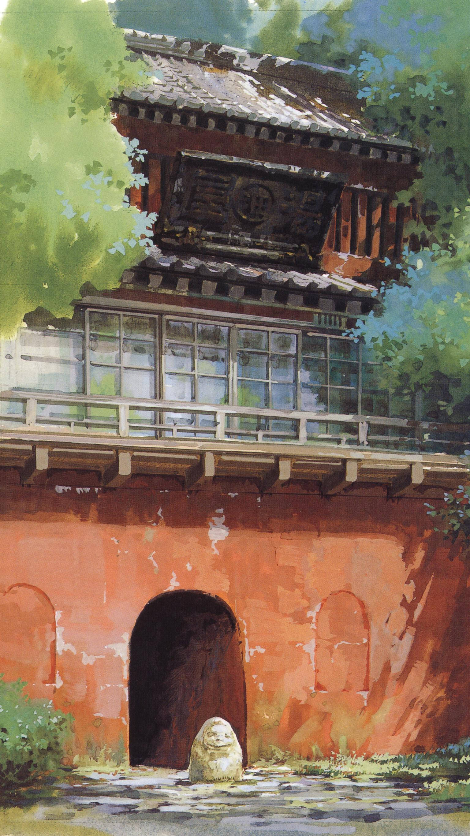 Studio Ghibli iPhone 桌布 壁紙 — 一幅水彩畫，描繪了傳統日本門樓，紅牆綠葉，在明亮日光下。