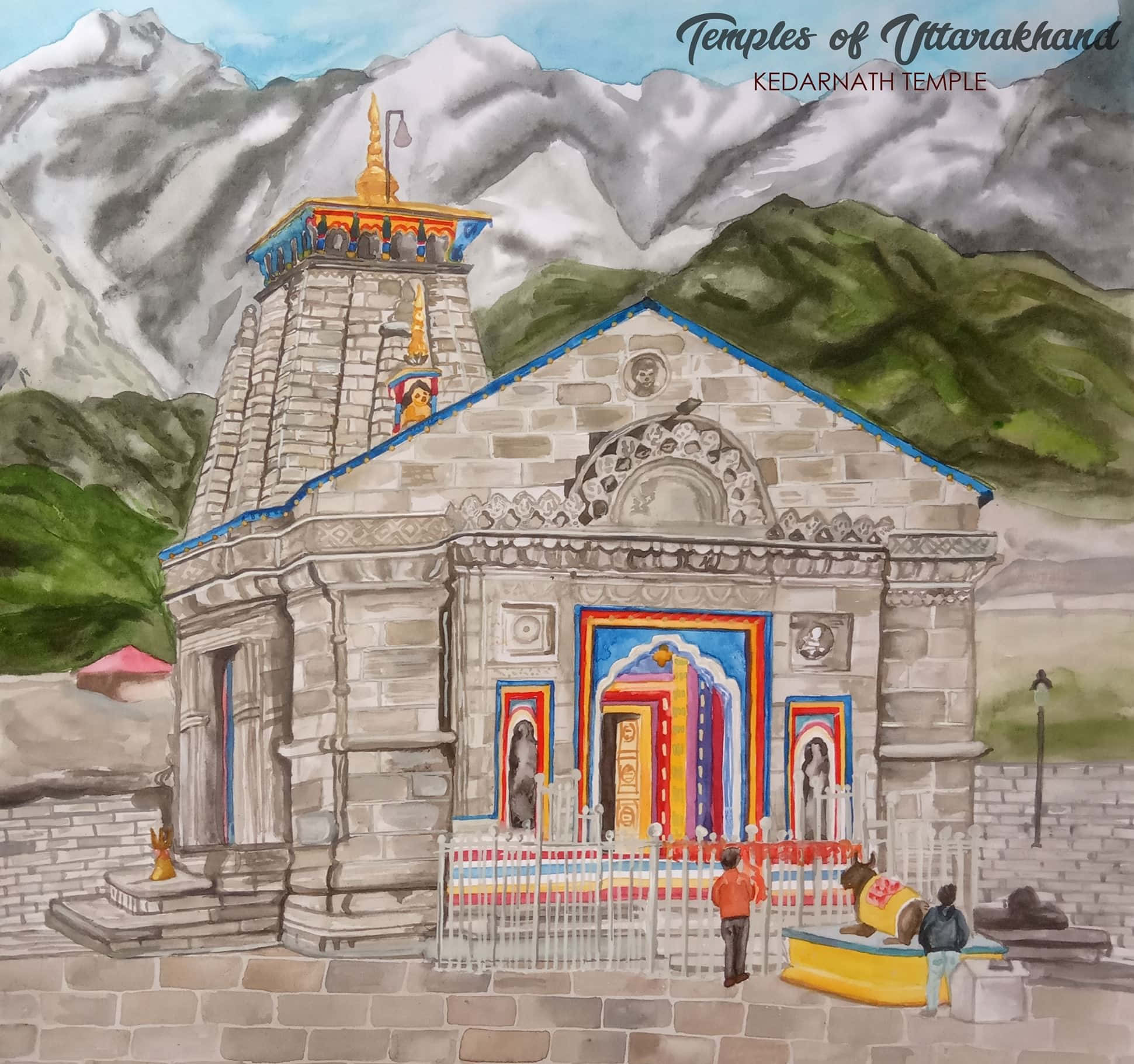 Kedarnath 桌布 壁紙 — 一幅水彩畫，描繪了凱達爾納特寺廟坐落在白雪覆蓋的山脈中，入口處有遊客。