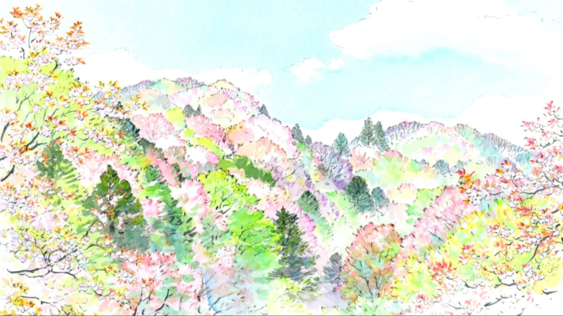 The Tale Of The Princess Kaguya 桌布 壁紙 — 一幅水彩畫，描繪了在柔和藍天下覆蓋著粉紅色櫻花和綠色樹木的起伏山丘。