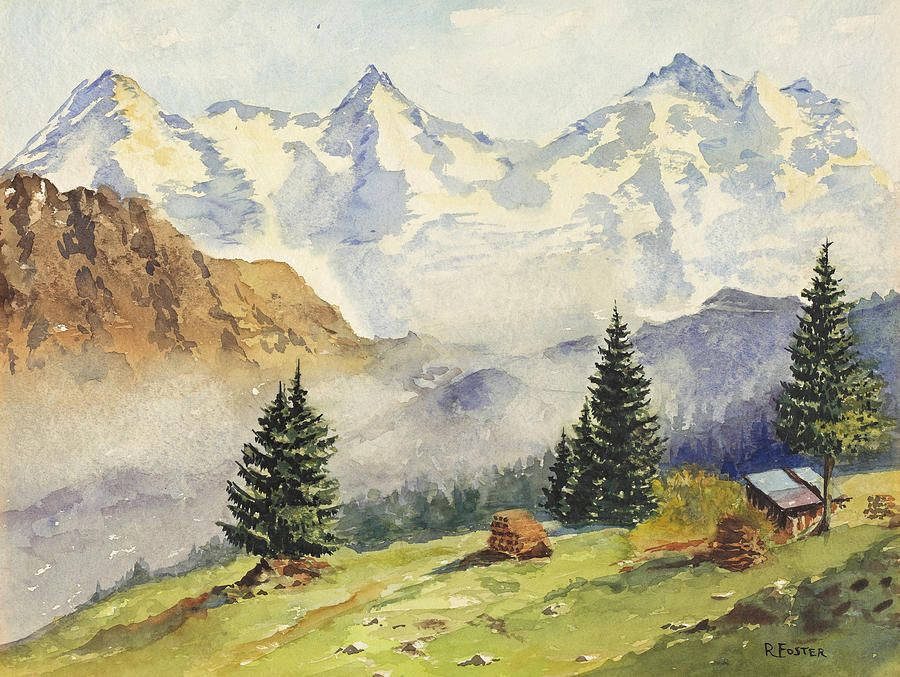 Alps 桌布 壁紙 — 一幅水彩畫，描繪了白雪覆蓋的山峰、常綠樹木以及坐落在霧氣繚繞的山谷中的小屋。