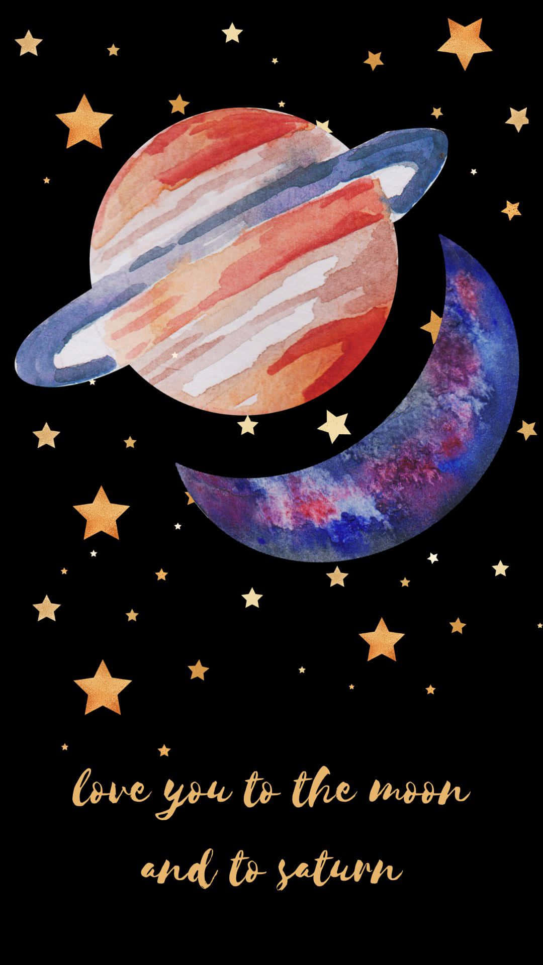 Taylor Swift Lyrics 桌布 壁紙 — 一幅水彩畫，描繪土星和彎月，周圍環繞著金色星星，黑色背景上帶有浪漫文字。