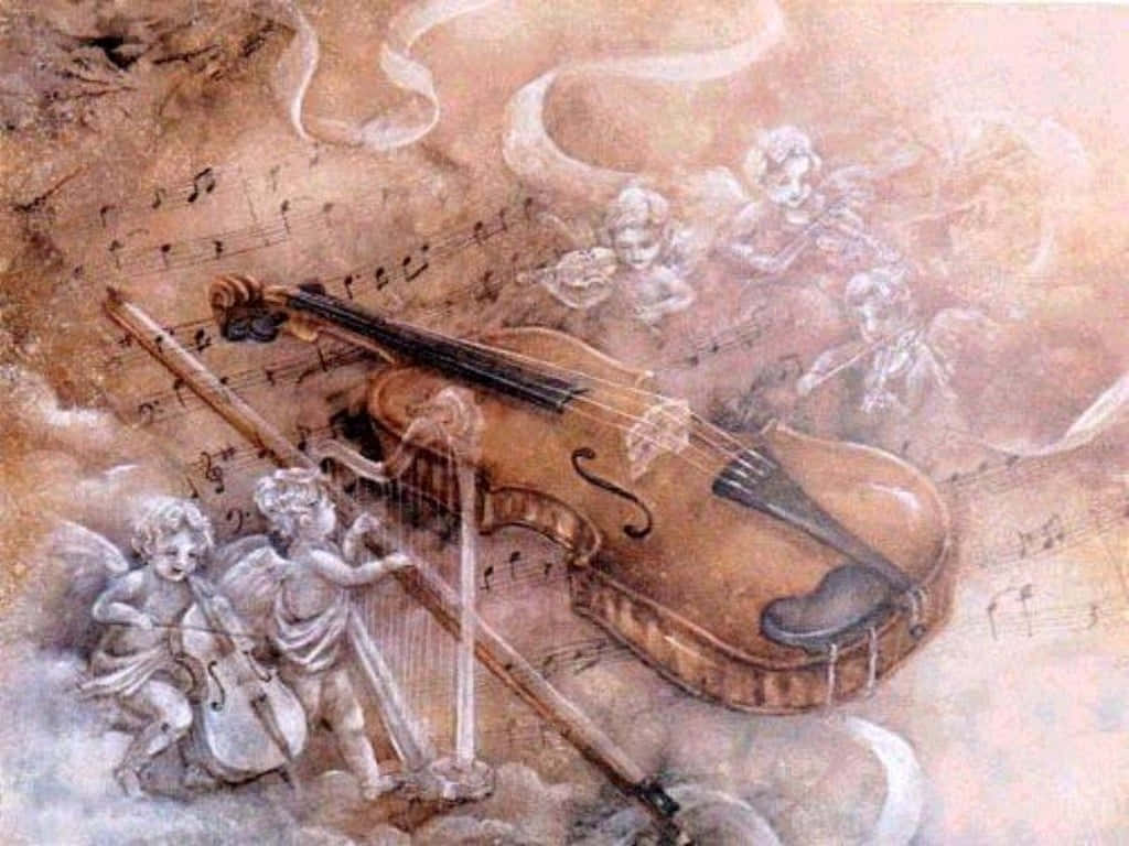 吉他動圖 桌布 壁紙 — 一幅水彩畫，描繪小天使在旋轉的音符和柔軟的雲朵中演奏豎琴和小提琴。