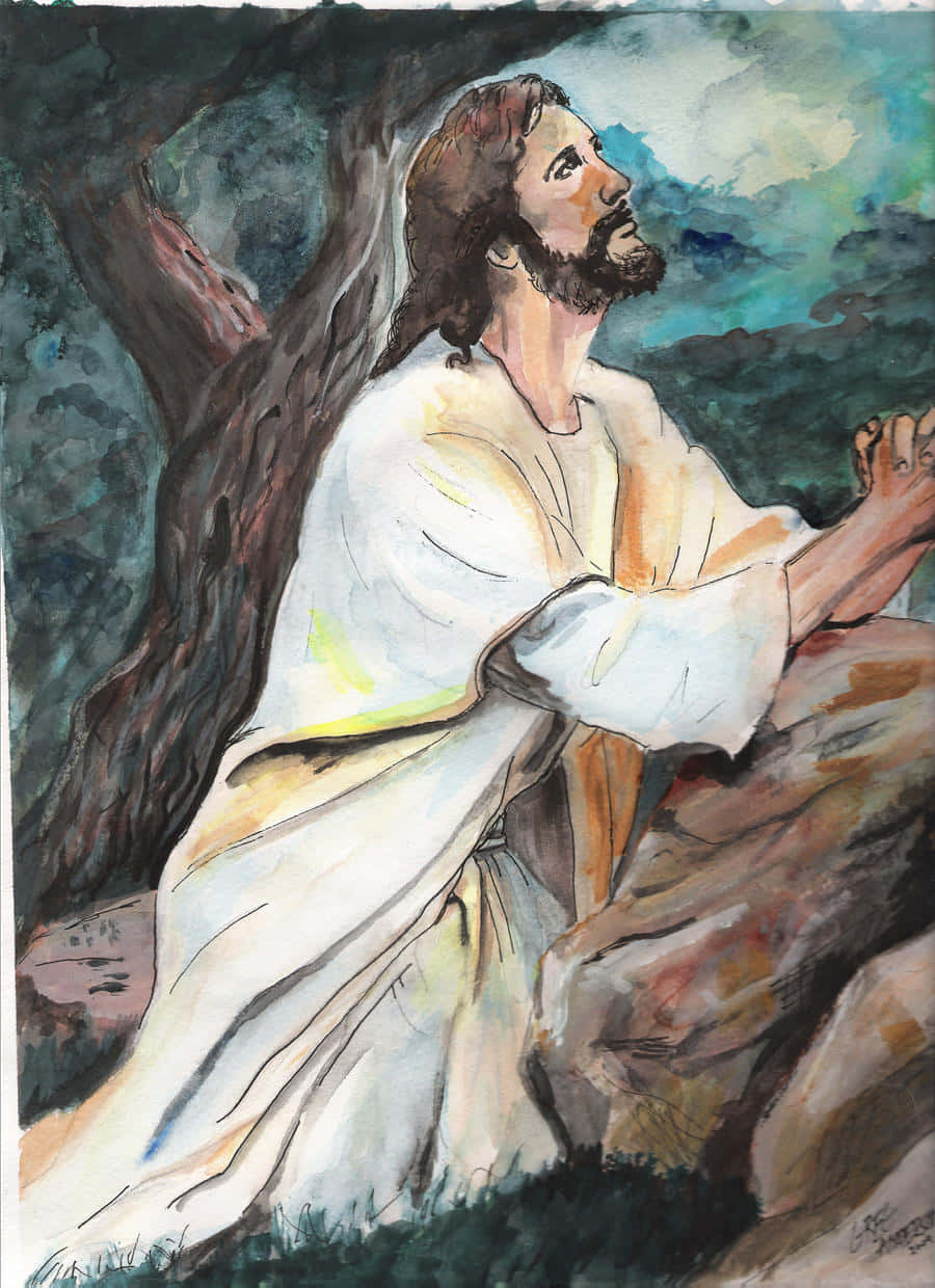 Jesus Praying 桌布 壁紙 — 一幅水彩畫，描繪耶穌在多雲的天空下跪在樹旁祈禱。