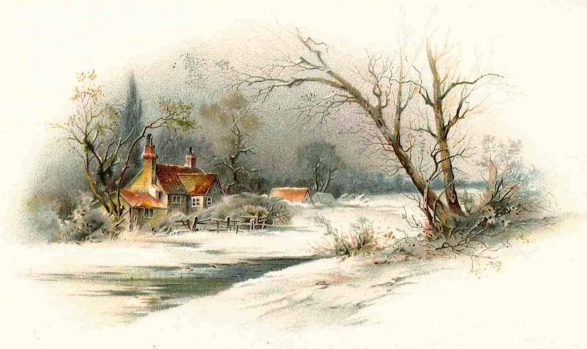 Watercolor 桌布 壁紙 — 一幅水彩畫中，一座古雅的雪覆小屋坐落在結冰的河邊，周圍是光禿的冬日樹木。