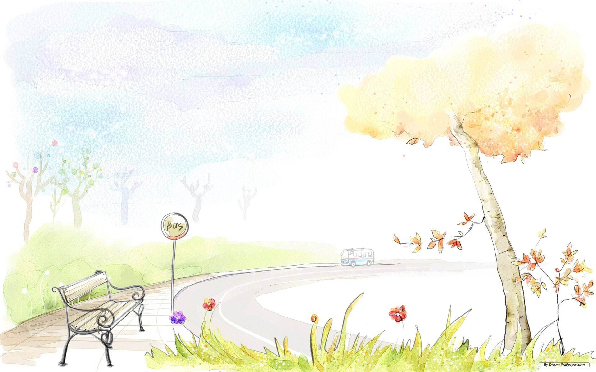 Drawing 桌布 壁紙 — 一幅水彩畫場景，描繪一條蜿蜒的道路，設有長椅和公車站，天空柔和，有秋樹和遠處的公車。
