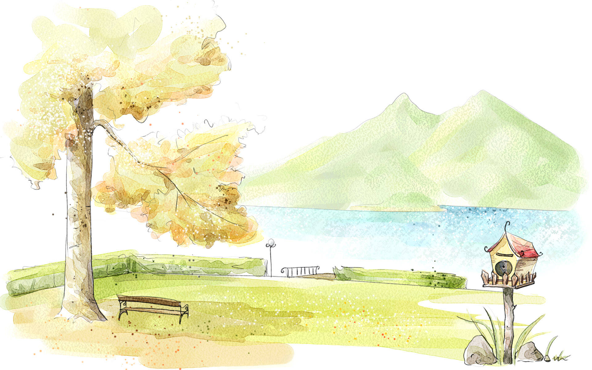 Drawing 桌布 壁紙 — 一幅水彩畫場景，描繪一棵孤獨的樹，樹上掛著金黃色的葉子，旁邊有一張長椅，靠近一個湖泊，遠處有綠色的山巒。