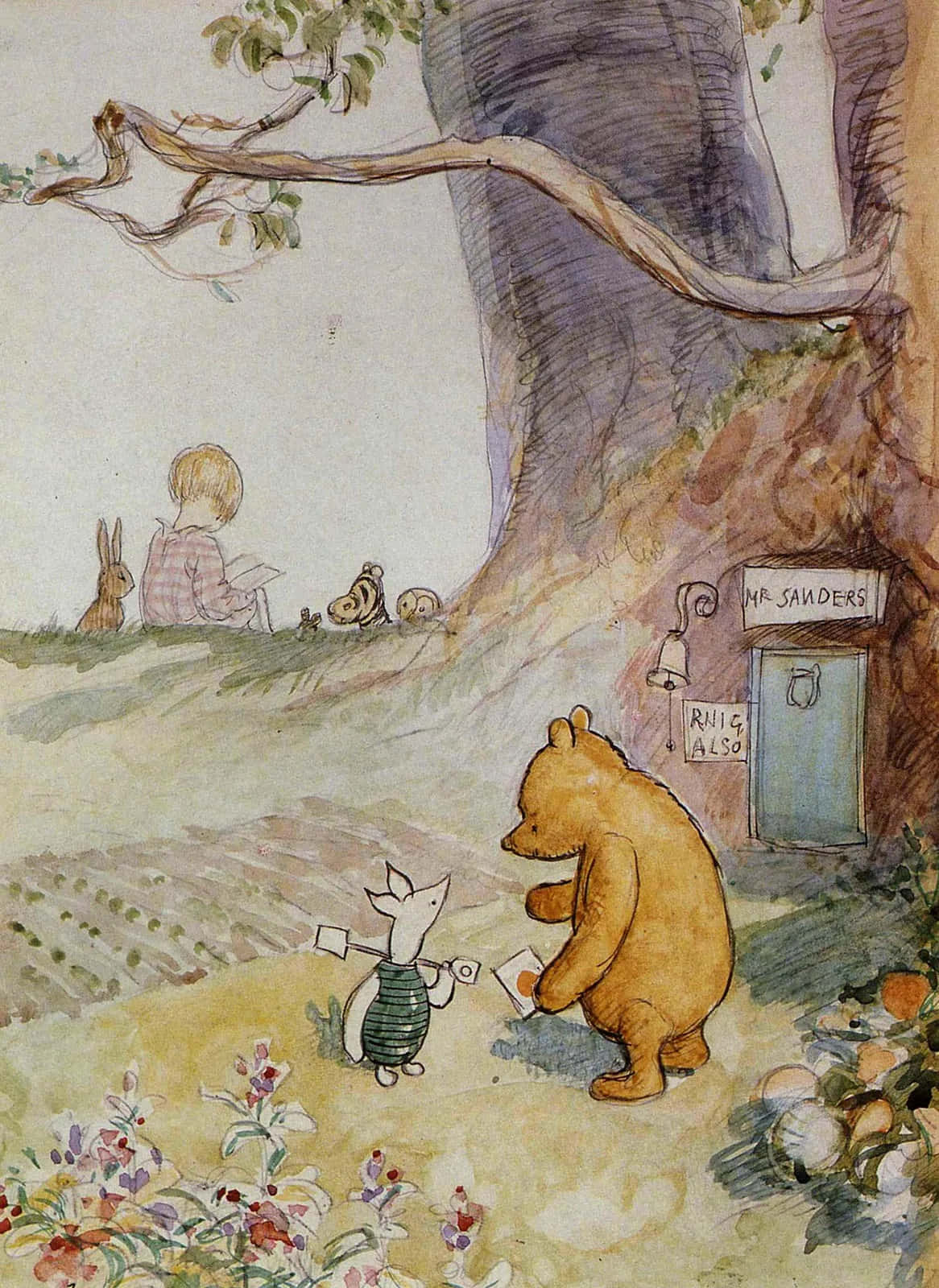 winnie the pooh 桌布 壁紙 — 一幅水彩畫場景，描繪小熊維尼和小豬在樹屋附近，背景有一個小孩和一隻兔子。