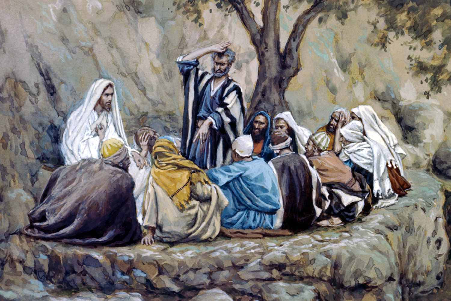 Jesus Disciples 桌布 壁紙 — 一幅水彩畫描繪了一群古代人物聚集在岩石露頭上的樹下，一人站立並做手勢，而其他人則坐著或跪著沉思。