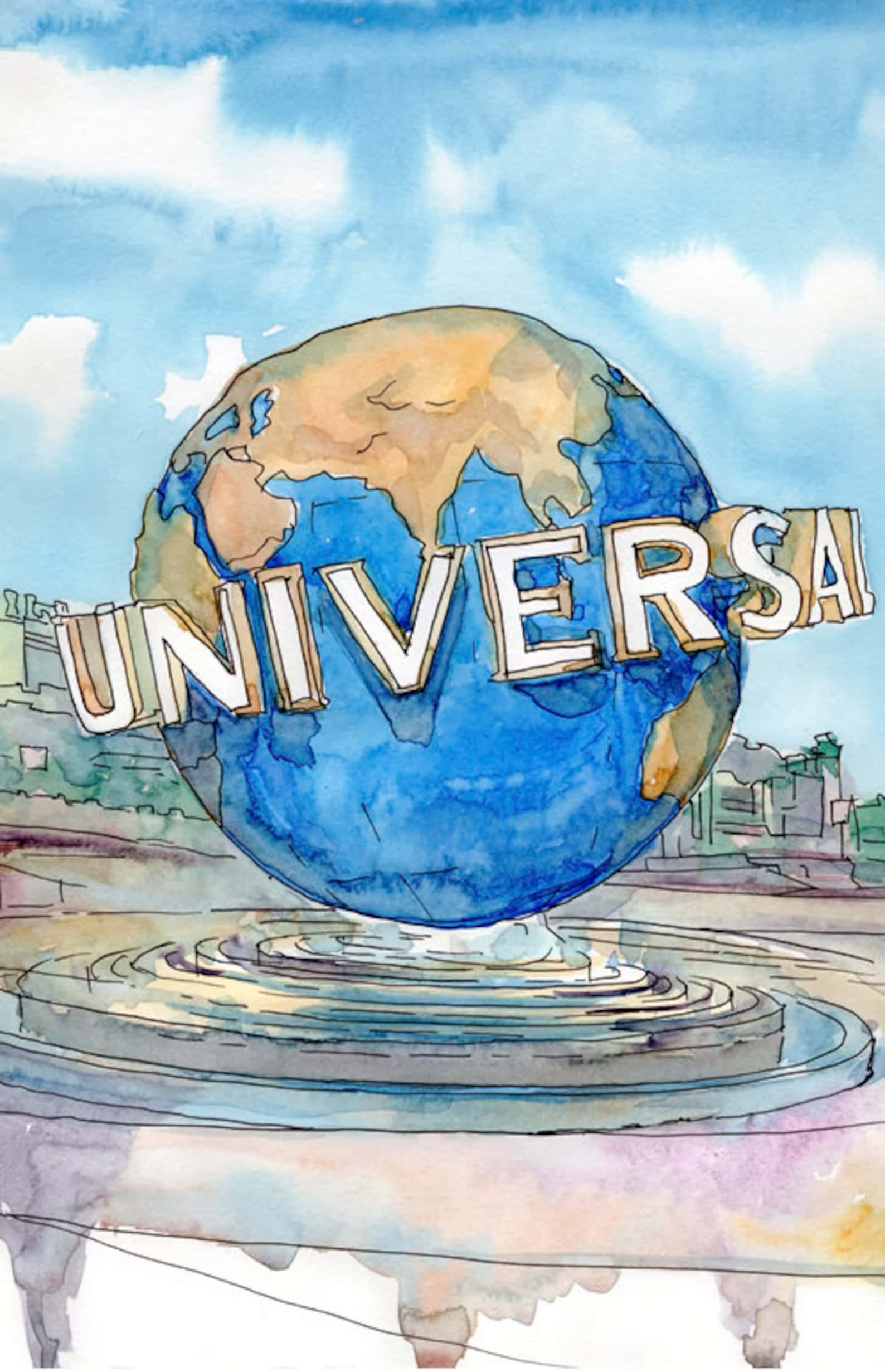 Universal 桌布 壁紙 — 一幅水彩畫描繪了標誌性的環球影業地球標誌，在陰雲密布的天空下，有旋轉的藍色海洋和棕褐色大陸。