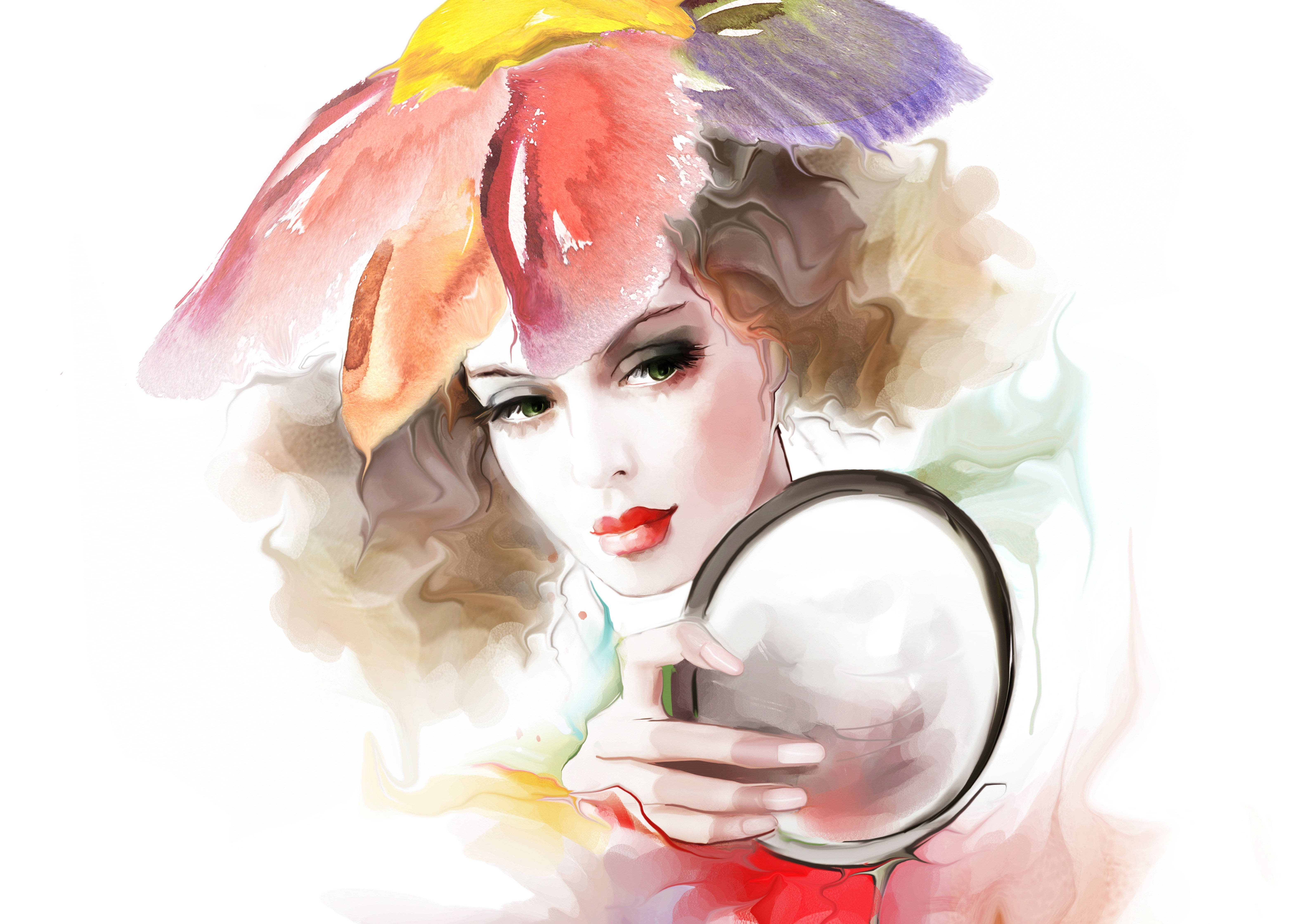 vector 桌布 壁紙 — 一幅水彩畫肖像，描繪一位戴著彩色帽子的女士，在柔和的白色背景前手持鏡子。