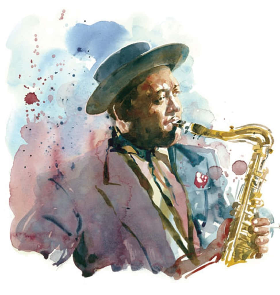 Watercolor 桌布 壁紙 — 一幅水彩畫肖像，描繪一位戴著紳士帽的男子在濺滿藍色和粉紅色的背景下吹奏金色薩克斯風。