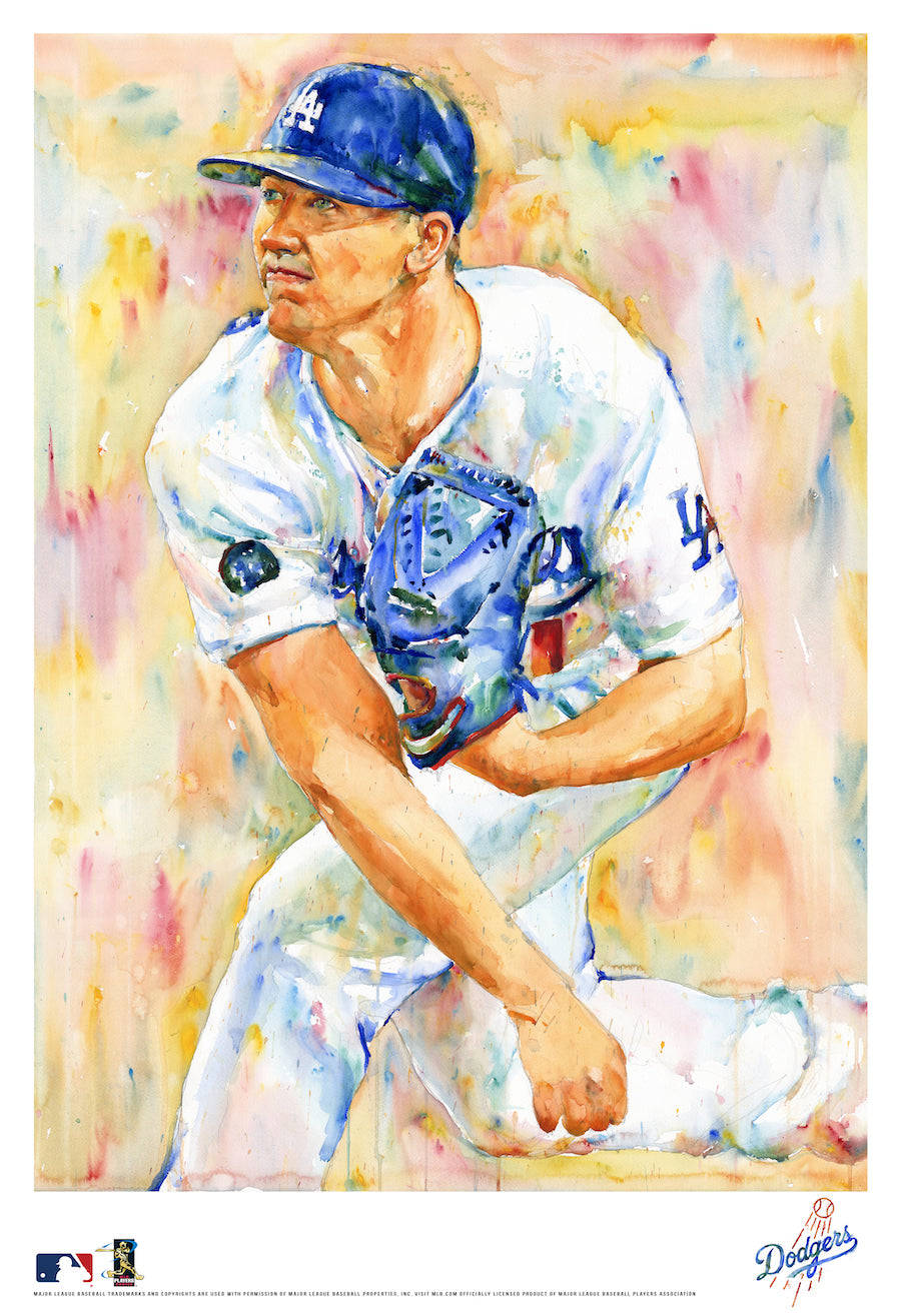 walker buehler 桌布 壁紙 — 一幅水彩畫肖像，描繪一位道奇隊棒球運動員蹲伏投球姿勢，身穿藍色帽子及白色球衣。