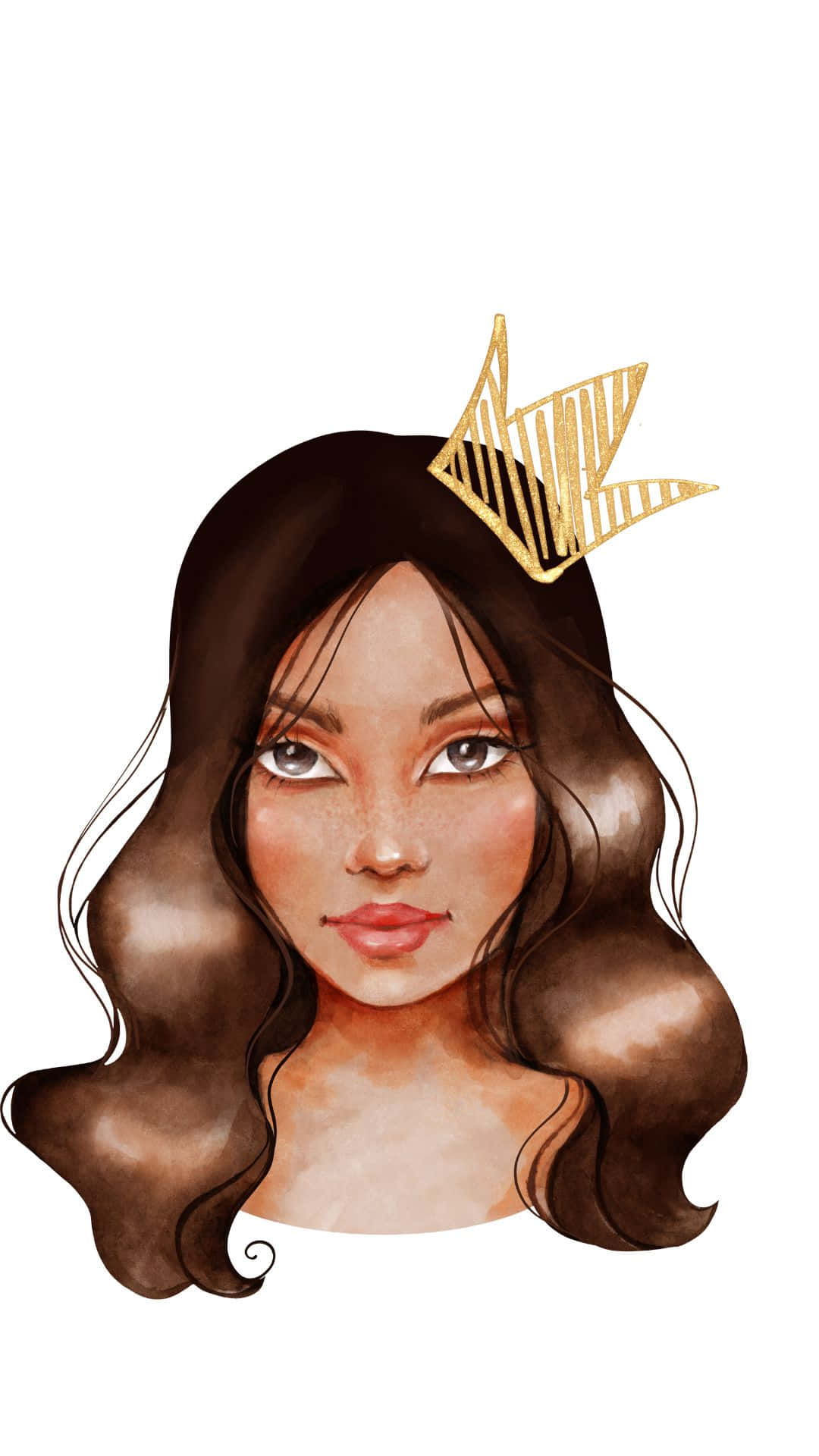 Cute Queen 桌布 壁紙 — 一幅水彩畫肖像，描繪一位長著棕色長髮、頭戴金色皇冠的女性。
