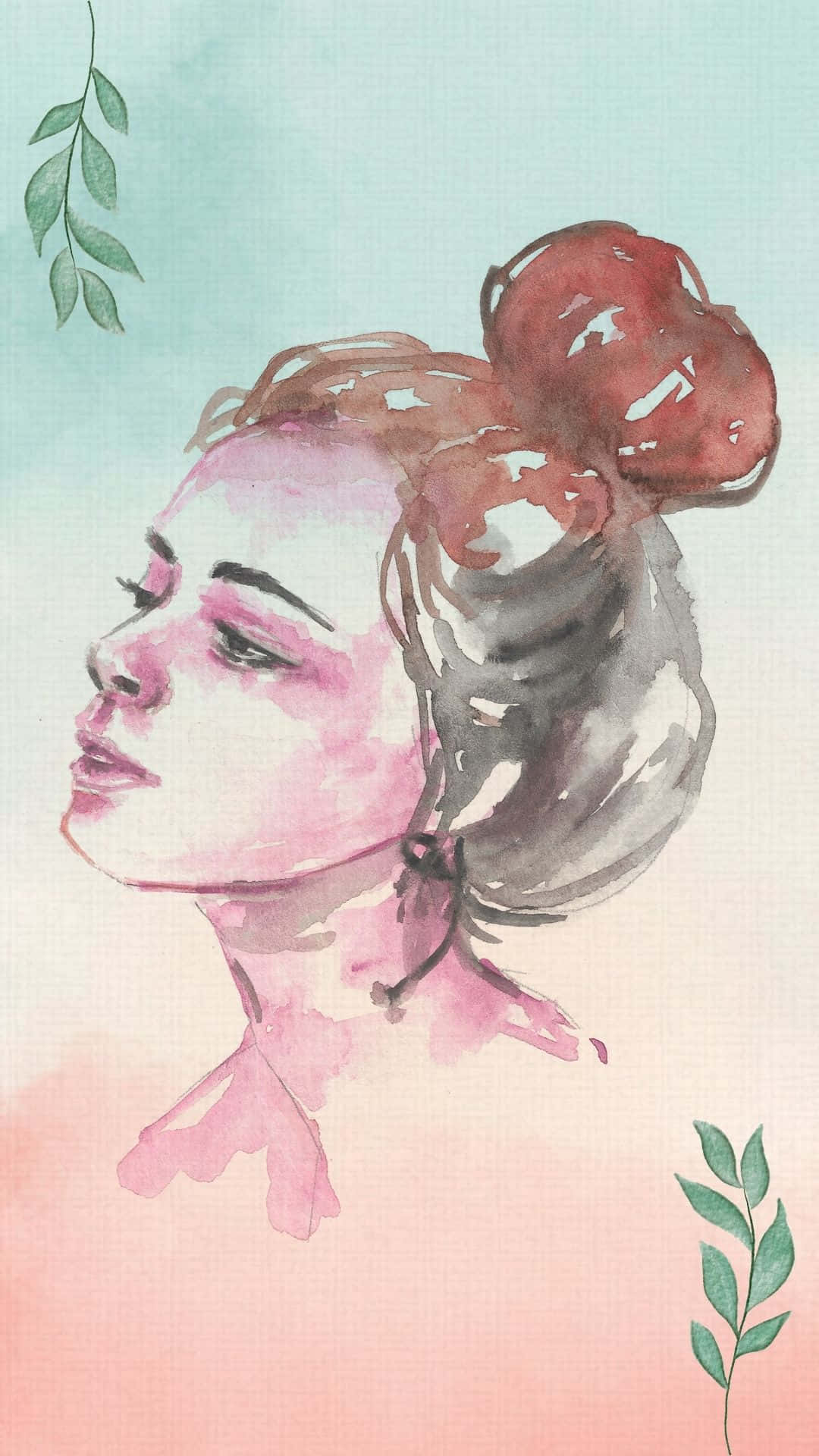 酷 桌布 壁紙 — 一幅水彩畫肖像，描繪一位閉著眼睛、頭髮盤成髮髻的女性，被綠色葉子環繞，背景為柔和漸變色。