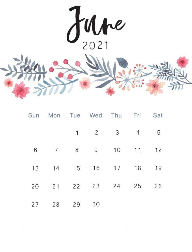 June 桌布 壁紙 — 一幅水彩畫風格的2021年6月月曆，頂部點綴著精緻的粉紅色花朵和藍綠色葉子。