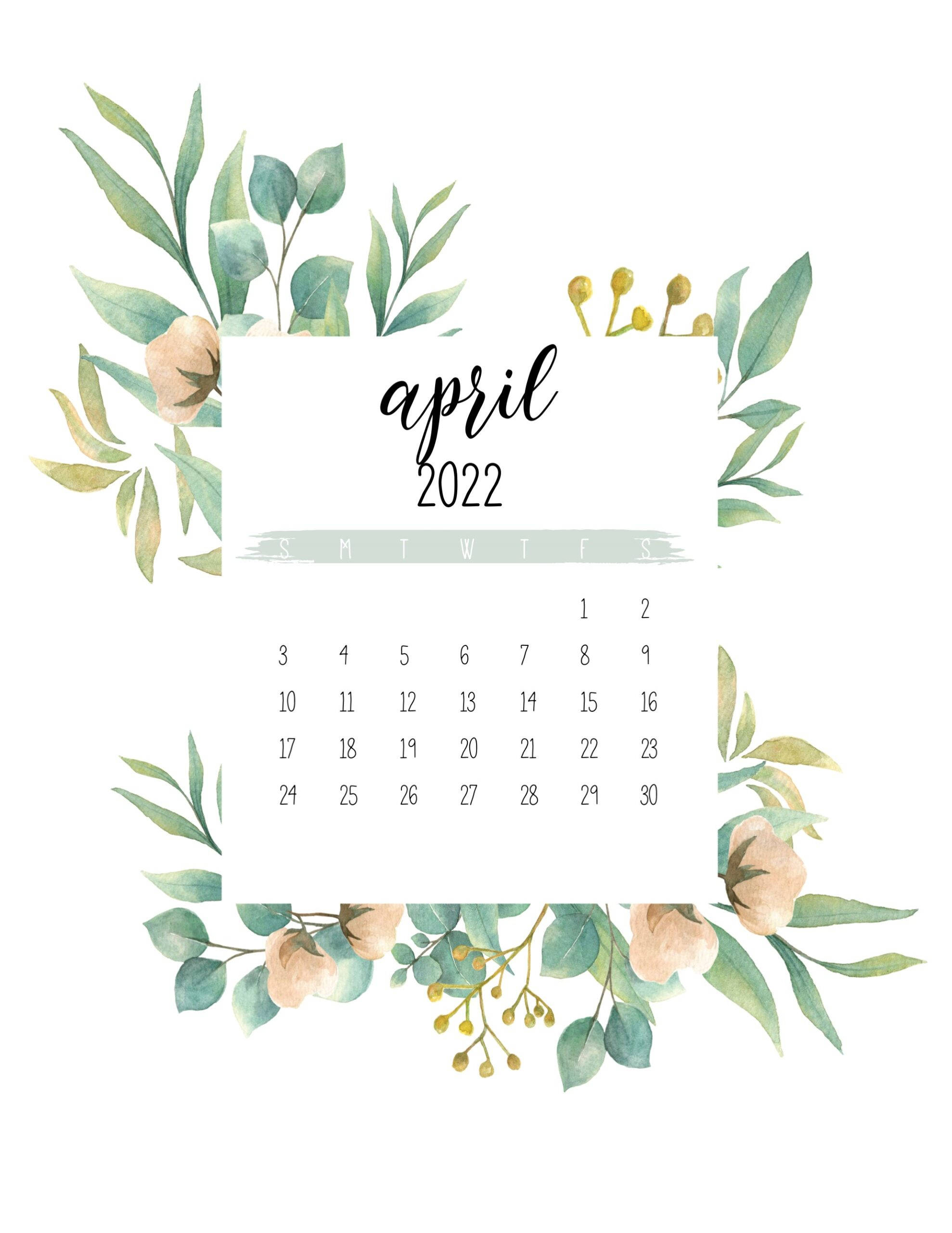 月曆 桌布 壁紙 — 一幅水彩畫風格的2022年4月月曆，以柔和的綠葉和桃花環繞，背景為純白色。